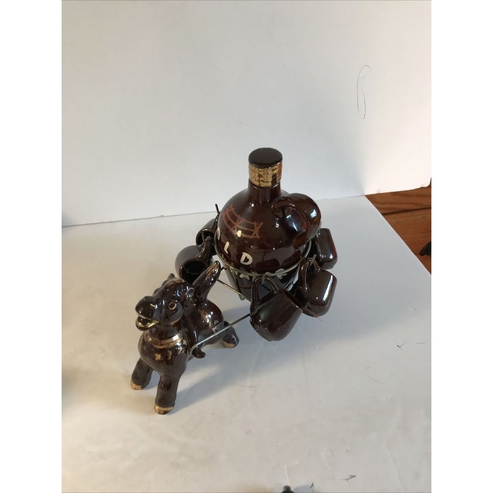 Vintage Japanese Redware Donkey Pulling Cart Glass Set with 6 Mugs. Rare find